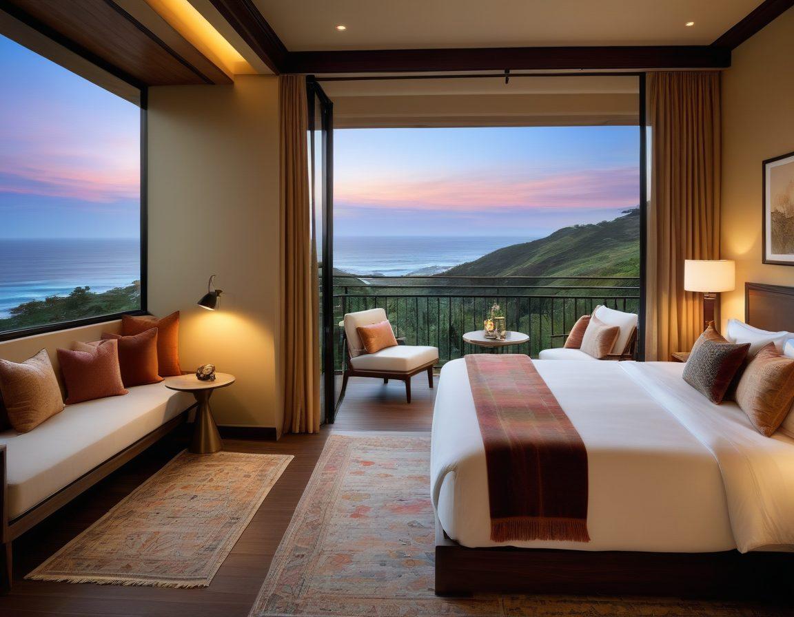 A split image showcasing a cozy budget stay on one side with warm, earthy tones and a minimalistic aesthetic, featuring a small bed and simple decor. The other side displays a luxurious escape with grand furnishings, sparkling chandeliers, and a stunning view from a balcony overlooking a beautiful landscape. The transition between the two sides should be seamless, highlighting the diversity of accommodations. super-realistic. vibrant colors. balanced composition.