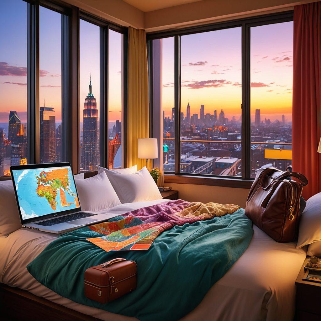 A dreamy hotel room showcasing a cozy bed with plush pillows, large windows revealing a beautiful city skyline, a traveler's suitcase partially open, and a laptop displaying a colorful map. Use warm lighting to create an inviting atmosphere, with subtle hints of travel accessories like a globe and postcards in the background. super-realistic. vibrant colors. 3D.