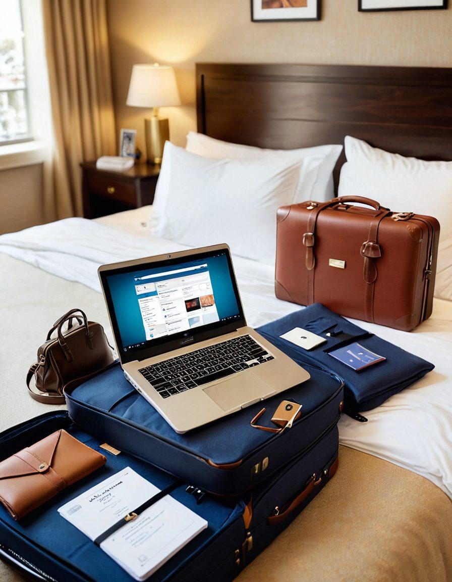 An open laptop displaying hotel booking websites, surrounded by travel essentials like a suitcase, passport, and a notepad with handwritten tips. A cozy hotel room in the background, emphasizing comfort and relaxation. Bright, inviting colors with a warm, welcoming atmosphere to inspire confidence in booking choices. super-realistic. vibrant colors. warm lighting.